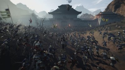Dynasty Warriors: Origins-screenshot van een leger dat richting een nederzetting beweegt
