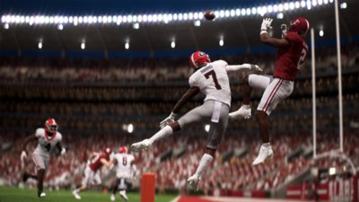 EA Sports College Football 26 - captura de ecrã que mostra um jogador a saltar para receber um passe