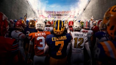 EA Sports College Football 25 – grafika pozadia s hráčmi niekoľkých tímov, ktorí sa zhromaždili pri vchode na štadión.