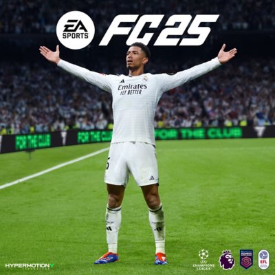 Arte promocional de EA Sports FC 25 que muestra a un jugador con los brazos estirados.