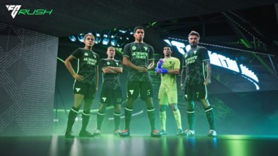 Imagem do EA Sports FC 25 para promoção do modo de jogo Rush 5v5, com uma equipa de 5 superestrelas