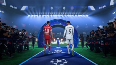 صورة من EA SPORTS FC 26 تُظهر Bellingham و Musiala وهما يدخلان أرض الملعب