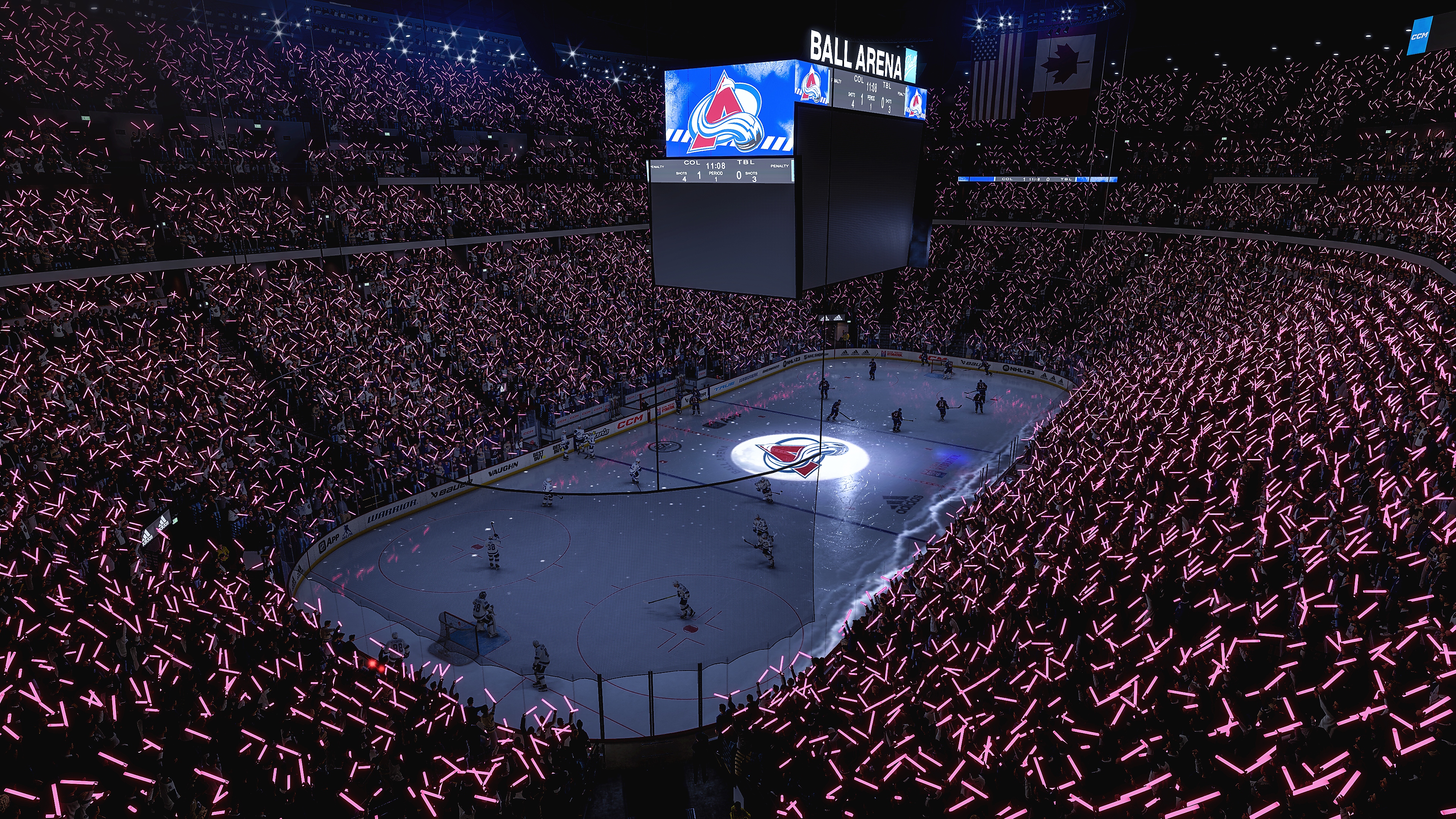 لقطة شاشة لفرق تستعد للإحماء في لعبة NHL 23 من EA Sports.