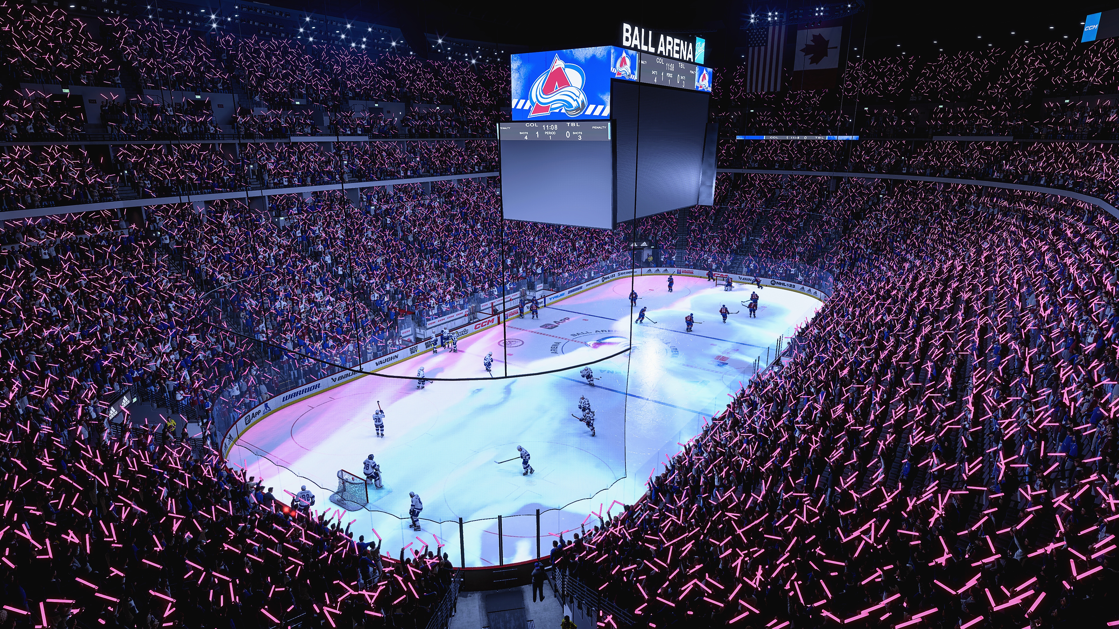 Captura de pantalla de EA Sports NHL 23 de equipos patinando sobre hielo.