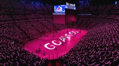 EA Sports NHL 23 – posnetki zaslona arene med proslavo doseženega zadetka.