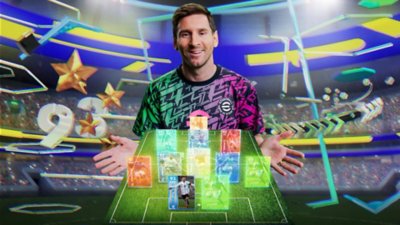 eFootball image showing a footballer standing presenting a Dream Team of glowing cards in formation on a football pitch