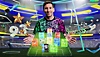 eFootball image showing a footballer standing presenting a Dream Team of glowing cards in formation on a football pitch