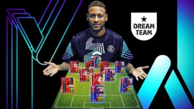 eFootball – Screenshot, auf dem ein Fußballer ein Dream-Team aus leuchtenden Karten auf einem Fußballfeld in der Spieleraufstellung präsentiert.