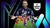 eFootball - Immagine che mostra un calciatore in piedi che presenta una Squadra dei sogni di carte luminose in formazione su un campo da calcio