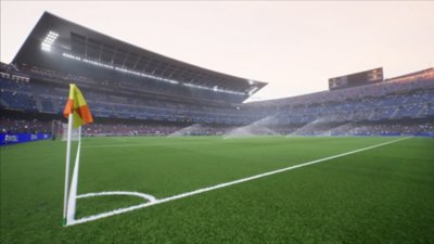Captura de tela de eFootball mostrando uma bandeira de escanteio num campo de futebol