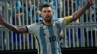 eFootball 2024 screenshot showing Lionel Messi raising his hands over his head.