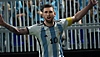 eFootball 2024 - captura de tela mostrando Lionel Messi levantando as mãos sobre a cabeça.