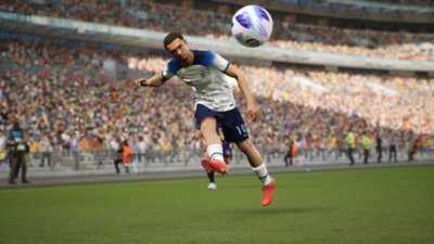 eFootball 2024 screenshot showing a player heading a football.