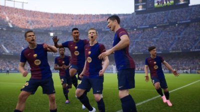 eFootball screenshot showing Barcelona players celebrating