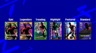 eFootball screenshot showing six varieties of Card type including Legendary, Epic and Trending