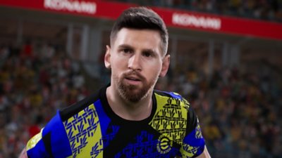eFootball screenshot showing Lionel Messi close up
