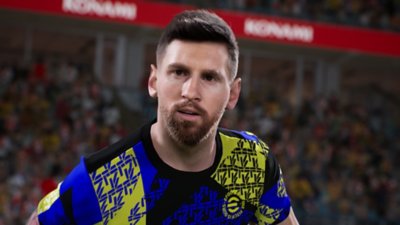 eFootball – Screenshot, der eine Nahaufnahme von Lionel Messi zeigt