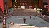 Eiyuden Chronicle: Hundred Heroes – Screenshot, der einen menschlichen Helden zeigt, der durch ein Dorf mit Kopfsteinpflaster rennt