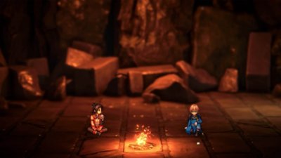 Eiyuden Chronicle: Hundred Heroes screenshot showing two heroes sat peacefully beside a campfire.