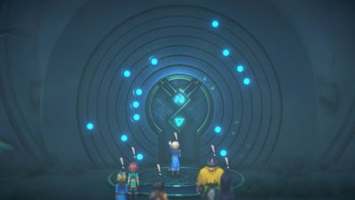 Eiyuden Chronicle: Hundred Heroes screenshot showing a collection of heroes expressing surprise as a mystical gate comes to life.