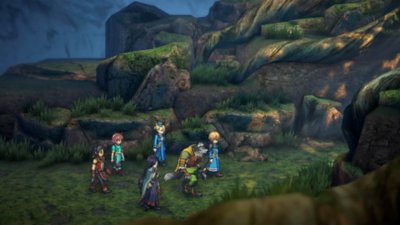 Eiyuden Chronicle: Hundred Heroes screenshot showing six heroes walking through a grass-covered rocky valley.