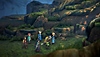 Az Eiyuden Chronicle: Hundred Heroes képernyőképe, amelyen hat hős egy füves, sziklás völgyön sétál keresztül.