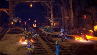 Eiyuden Chronicle: Hundred Heroes screenshot showing six heroes battling enemies in a dimly-lit mine.