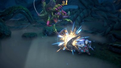 Eiyuden Chronicle: Hundred Heroes screenshot showing a flair-wielding shark hero battling an insectoid monster.