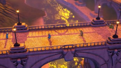 Eiyuden Chronicle: Hundred Heroes background image showing two character facing off on a bridge.