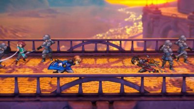 Eiyuden Chronicle: Hundred Heroes screenshot showing two characters engaged in a duel on a bridge at sunset.