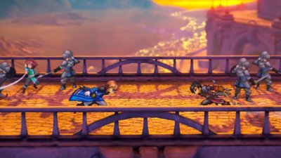Eiyuden Chronicle: Hundred Heroes screenshot showing two characters engaged in a duel on a bridge at sunset.