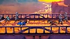 Eiyuden Chronicle: Hundred Heroes-screenshot met twee personages die bij zonsondergang op een brug in een gevecht verwikkeld zijn.