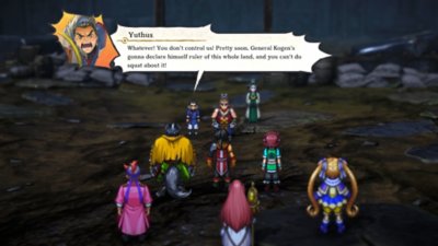 Captura de tela de Eiyuden Chronicle: Hundred Heroes mostrando diálogo envolvendo o personagem Yuthus