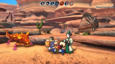 Eiyuden Chronicle: Hundred Heroes – Screenshot, der einen Kampf zwischen Charakteren in einer Wüstenumgebung zeigt