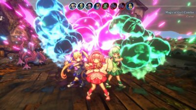 Captura de tela de Eiyuden Chronicle: Hundred Heroes mostrando uma ação de combo Magical Girl durante uma batalha