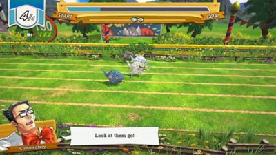 Eiyuden Chronicle: Hundred Heroes screenshot showing a race between strange creatures with a commentator saying 'Look at them go'