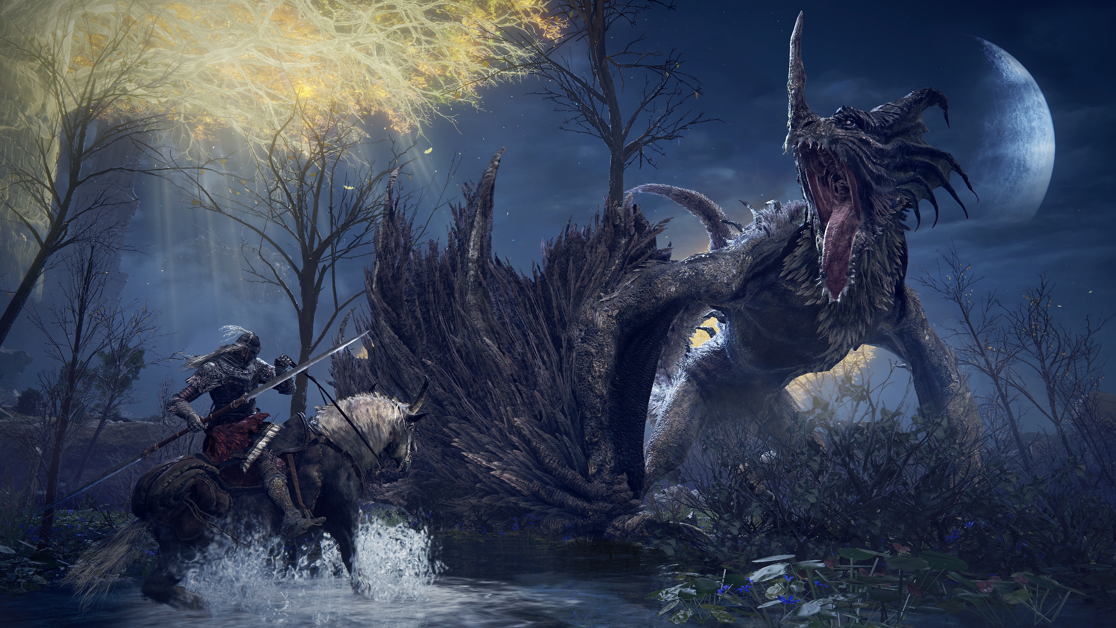 Elden Ring ekran görüntüsünde, büyük bir ejderha ve at sırtındaki bir şövalye yer alıyor