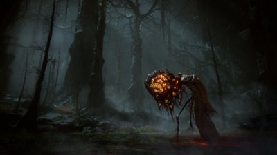 ELDEN RING SHADOW OF THE ERDTREE 顔が膨れ上がり光を放っている化け物がいる不気味な森