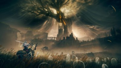 Elden Ring Shadow of the Erdtree – Screenshot, der einen berittenen Charakter vor einer weiten Fantasy-Landschaft zeigt