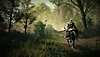 Elden Ring Shadow of the Erdtree-screenshot van een personage op een rijdier in een bos