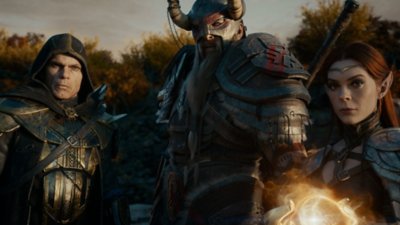The Elder Scrolls Online - Gold Road - σκηνή από CGI τρέιλερ που εστιάζει σε τρεις χαρακτήρες