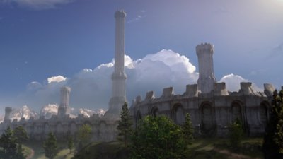 The Elder Scrolls IV: Oblivion Remastered – Screenshot, auf dem weiße Türme vor einem blauen Himmel zu sehen sind