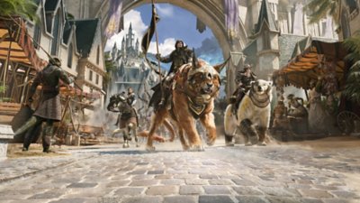 The Elder Scrolls Online Seasons of the Worm Cult artwork showing mounted characters in a city