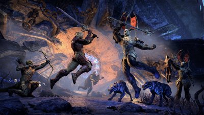 The Elder Scrolls Online screenshot showing two characters leaping towards each other with swords raised