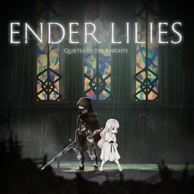 Arte promocional de Ender Lilies: Quietus of the Knights que muestra a una niña caminando frente a vitrales.