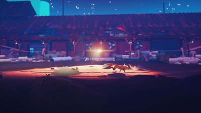 Endling - Extinction is Forever – Screenshot, der einen Fuchs zeigt, der an einem Industriegebäude vorbeiläuft