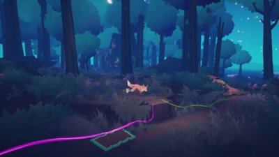 Endling - Extinction is Forever – Screenshot, der einen Fuchs zeigt, der sichtbaren Geruchsspuren folgt