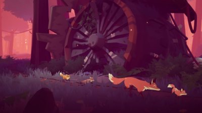 Screenshot van Endling - Extinction is Forever met een moedervos en haar welpen die langs een oude vliegtuigmotor lopen
