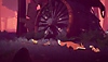 Snímek obrazovky ze hry Endling – Extinction is Forever, na kterém matka liška se svými mláďaty prochází kolem starého leteckého motoru.