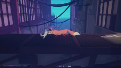 Screenshot van Endling - Extinction is Forever met een moedervos die op een brug met haar welpje speelt